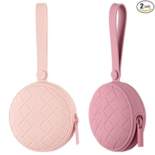 2 Pack Silicone Pacifier Holder Case, Baby Pacifier Holder Pouch for Newborn, Boys and Girls, Portable Silicone Pacifier Bags (Pink+Mauve)