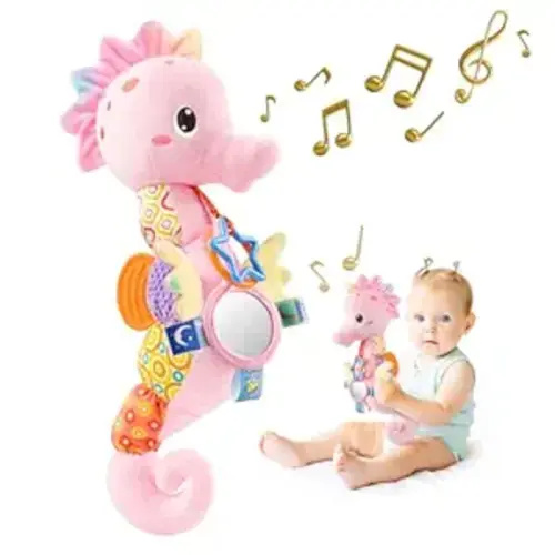 Infant Baby Musical Stuffed Animal Activity Soft Toys with Multi-Sensory Crinkle, Rattle and Textures, for Tummy Time Newborn 0-3-6-12 Months Girls,Seahorses - Pink with Baby Mirror