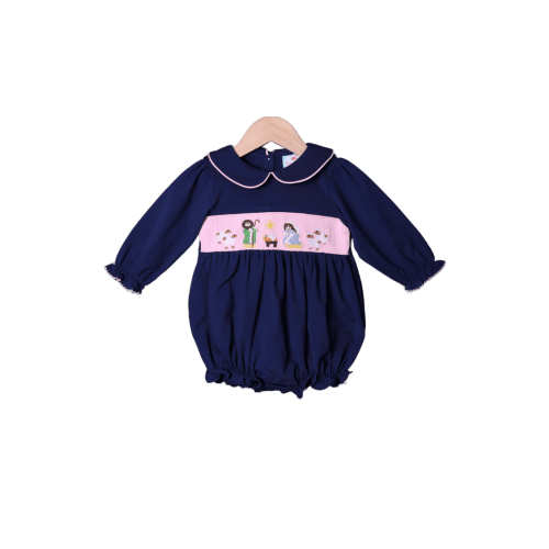 Smocked Nativity Navy and Pink Knit Bubble