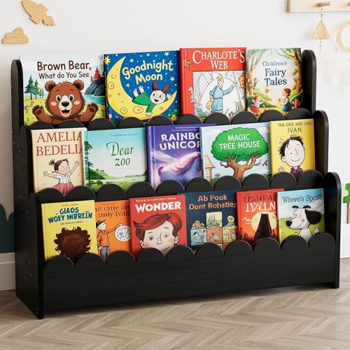 SpaceAid 3-Tier Scalloped Bookshelf, Montessori Bookcase for Toddlers, Wooden Book Shelf Organizer Display Furniture for Kids Rooms, Playroom, Nursery and Classroom, Black