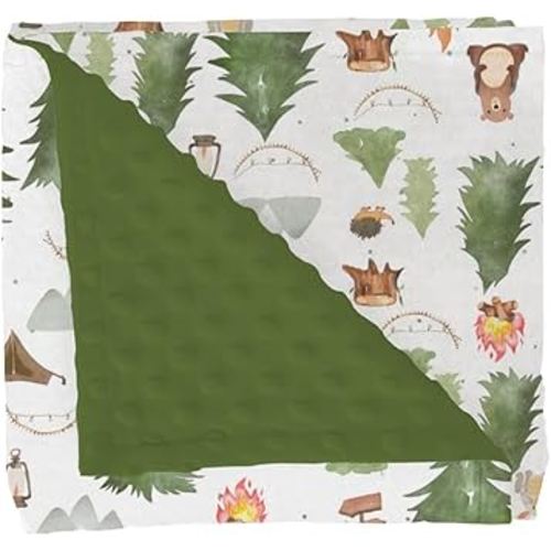 Camping Animals Baby Blankets for Girl Boy Bear Bunny Hedgehog Green Trees Soft Mink Dotted Backing Double Layer Swaddle Blanket for Toddler Nursery Wildlife Adventure Bed Blanket Crib 30x40