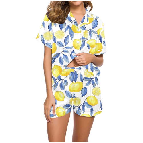 SwiftWear Women's Lemon-Print Cute Satin-Like Silk Pajamas Set - Short Sleeve Notched Collar Top & Shorts Sleepwear | Fresh Vibrant Citrus Design for Home Comfort