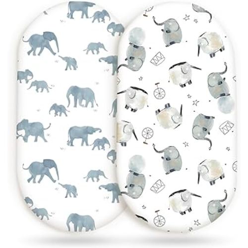 GRSSDER Stretchy Ultra Soft Fitted Bassinet Sheet Set 2 Pack, Universal Fitted for Bassinets Baby Cradle Moses Basket Oval Rectangle Mattress Safe and Snug, Cute Elephant Print