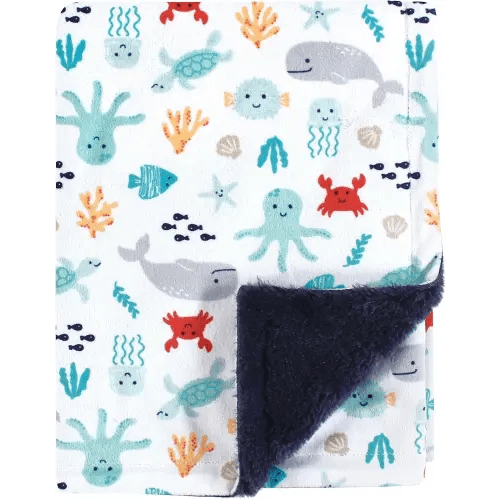 Hudson Baby Unisex Baby Plush Blanket with Furry Binding and Back, Sea Characters, One Size