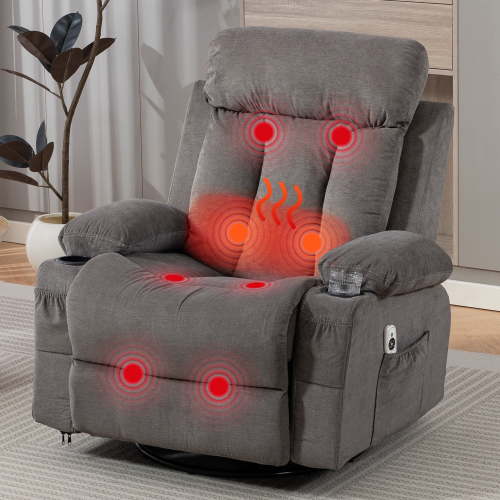 DELMANGO Swivel Rocker Recliner Chair with Vibration Massage & Heat, 360° Rotating Lounge Chair for Adults, Ergonomic Rocking Chair with Side Pocket & Cup Holders, Grey