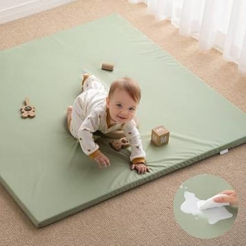 Blissful Diary Vegan Leather Baby Play Mat, 47x47 Thicken Foam Cushioned & Waterproof Playpen Mat for Infants and Toddlers, Stylish and Just Wipe-Clean Playmat for Baby Play on Floor, Light Green