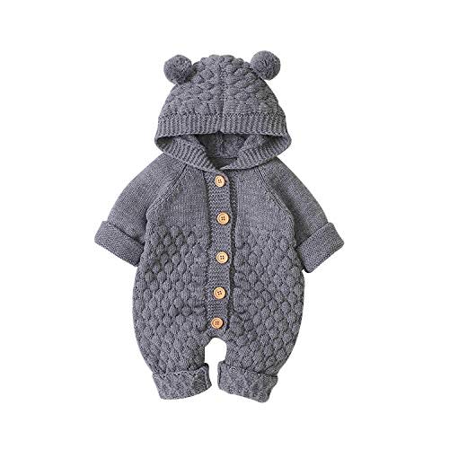 LOPJGH Newborn Baby Girls Boys Hooded Sweater Romper Knit Bear Ear Long Sleeve Solid Color Button Jumpsuits Winter Clothes