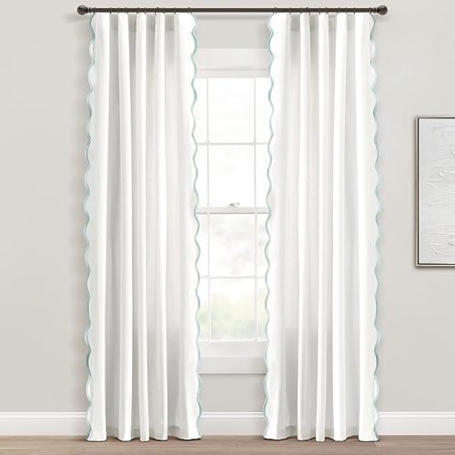 Lush Decor Coastal Chic Scalloped Edge Light Filtering Window Curtain Panels Pair, 52" W x 84" L, Blue & White - White Curtains for Living Room - Coastal Decor