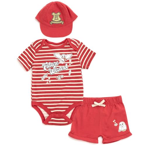 Harry Potter Baby Bodysuit, Shorts and Baseball Cap 3 Piece Outfit Set Newborn to Infant Sizes (Newborn - 24 Months)