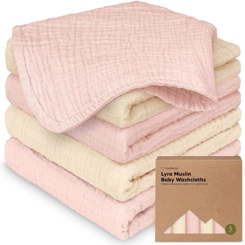 5pk Muslin Baby Washcloths for Newborn, 12x12 Soft Absorbent (Cameo)