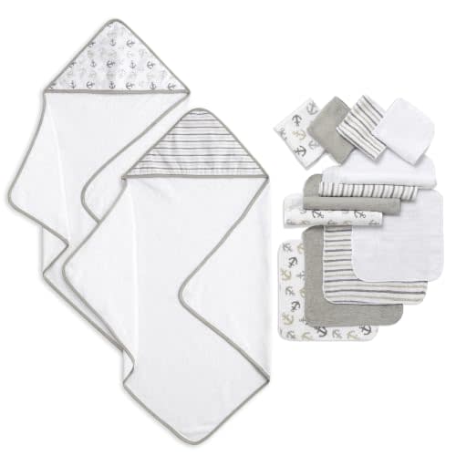Dream On Me 14-Piece Baby Hooded Towel & Washcloth Set in Soft Grey
