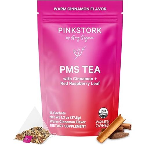 Pink Stork Organic PMS Tea for Hormone Balance, Mood Swings, Bloating, and Period Regularity - 8 Herbs - Vitex, Red Raspberry Leaf, Chamomile - Caffeine-Free - 15 Sachets, Hot or Iced