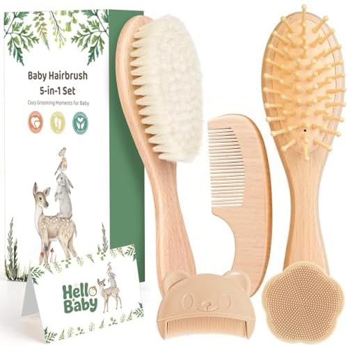 5 Piece Baby Hair Brush Set, Wooden Baby Brush and Comb Set with Natural Soft Goat Hair Bristles, Cradle Cap Brush, Baby Essentials Grooming Kit for Boy Girl