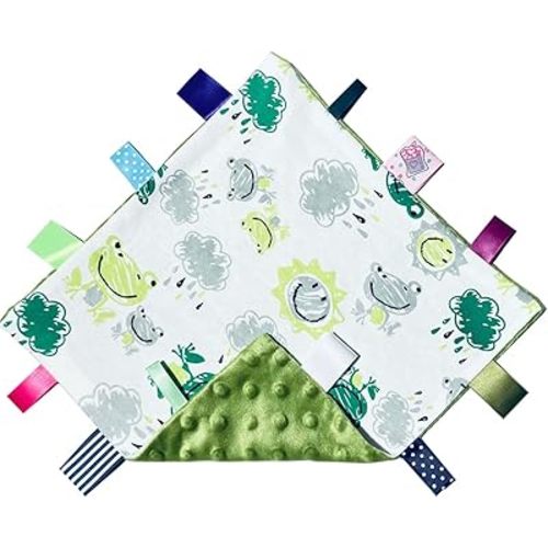 Green Frog Baby Tags Blanket, Cute Toddler Security Blanket with Tags, Soft Lovey Tags for Baby Gift