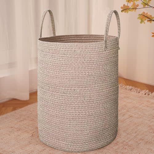 JMvicyroam 60L Cotton Rope Laundry Basket Hamper, Oatmeal | Collapsible laundry basket, reinforced handles, freestanding, machine washable, holds 3-5 thick blankets, clothes or toys