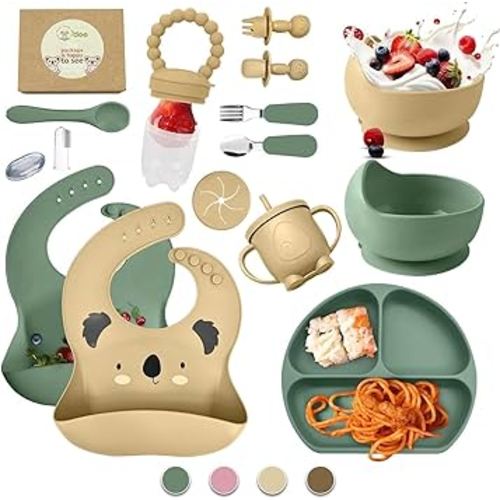 O'doe 17-Piece BPA-Free Silicone Baby Feeding Set | Thick & Soft Suction Plates, Baby Bowls, Wooden Fork & Spoon, and More | Make Mealtime Fun and Easy for Your Little One (Beige and Green, V3)