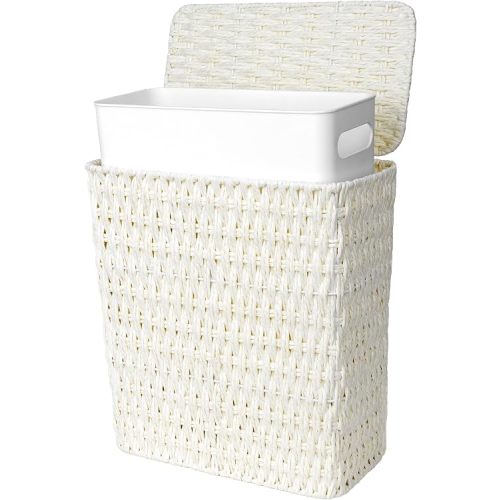 Wicker Trash Can,3 Gallon Bathroom Trash Can with Lid,Handwoven Paper Rope Rattan Waste Basket with Removable Liner and Built-in Handles for Bedroom,Toilet,Narrow Spaces,White