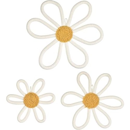 uxcell 3 Pcs Daisies Floral Wall Decor, 3 Sizes Flower Art Decor Woven Macrame Hanging Floral Bohemian Decoration Colorful for Girls Nursery Home Dorm Bedroom Playroom, Beige