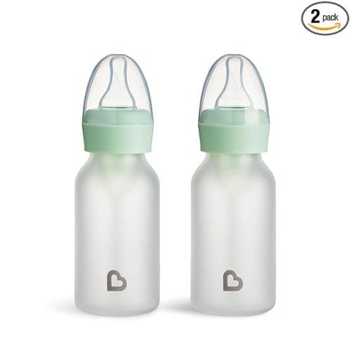 Munchkin Bond Silicone Coated Glass Baby Bottles - Anti-Colic Feeding System with Natural Feel Nipples, 4 Ounce, 2 Pack, Mint/Green
