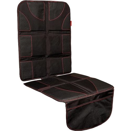 Lusso Gear Car Seat Protector for Child Car Seat (1-Pack) - Black/Red Stitching Universal Fit - Waterproof 8-Layer Padding & Non-Slip Backing with 2 Mesh Pockets