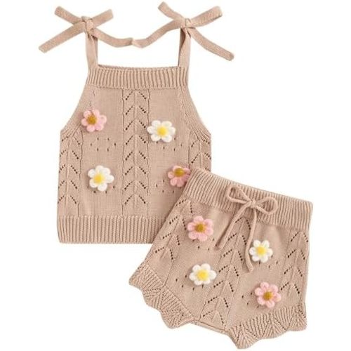 TheFound Toddler Baby Girls Knitted Outfit Tie-up Tank Top Elastic Waist Flower Shorts Summer Clothes 6 12 18 24 Months 2t 3t