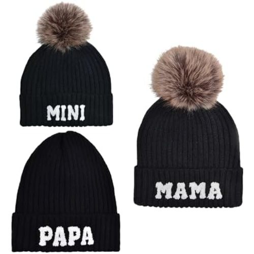 Kunyeah 3Pcs Parent-Child Beanie Hat Mama Papa Baby Matching Hats Winter Warm Cap with Pom-Pom Women Men Knitted Hat