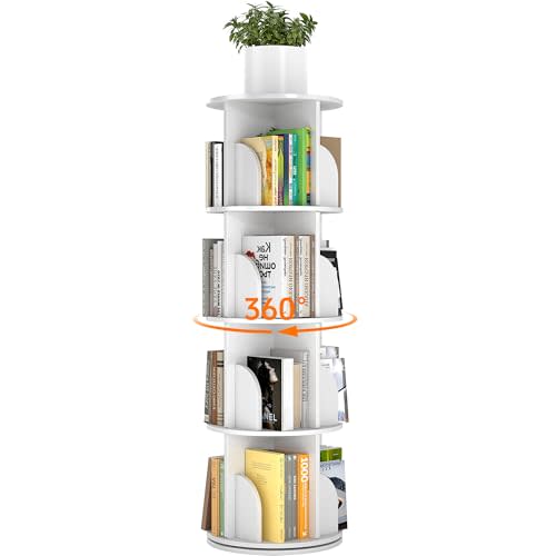 Cuzobro Rotating Bookshelf 4 Tier, 360 Degree Spinning Corner Bookcase with Lazy Susan, White Space Saving Tower Organizer for Small Spaces, Bedroom, Living Room, Adults & Kids