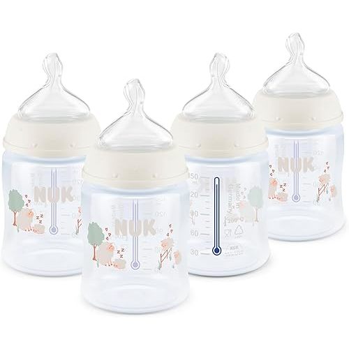 NUK First Choice Smooth Flow Anti-Colic Bottle, Peach, 5 oz. Baby Bottle with SafeTemp Temperature Indicator, Newborn Essentials, 4-Pack