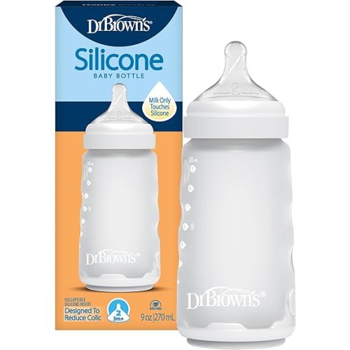 Dr. Brown's Silicone Baby Bottle with Collapsible Insert Designed to Reduce Colic, 9 oz with Wide-Neck Level 2 Medium Flow Nipple, BPA-Free, 3m+, White, 1-Pack