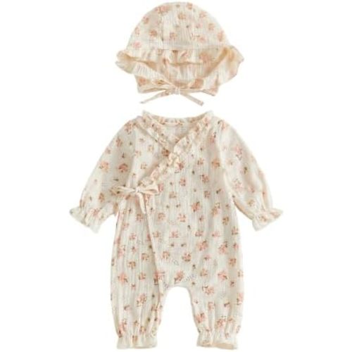 Newborn Baby Girl Clothes Floral Muslin Kimono Romper + Bonnet Set