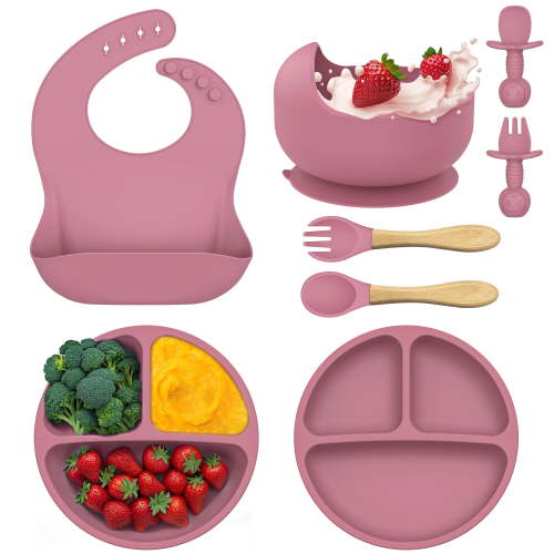 Baby Feeding Set, 8Pcs Baby Led Weaning Utensils, Toddler Self Feeding Dishes, Eating Essentials Utensils with 2 Divided Suction Plates, Spoons and Forks, Adjustable Bib for 6+ Months, Red