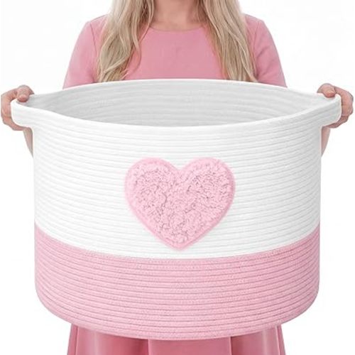 LemonRoad Cesta de cuerda de algodón extragrande de 20 x 14 pulgadas, cesta bordada de cuerda de algodón tejida para bebé, con asa, almacenamiento de mantas para sala de estar, guardería, almohadas