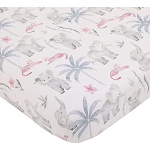 NoJo Tropical Princess Elephant/Jungle Pink and Green 100% Cotton Fitted Crib Sheet
