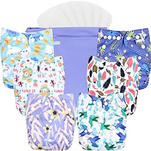 wegreeco Cloth Diapers 6 Pack with 6 Inserts & 1 Wet Bag, Washable Cloth Diapers for Babies, One Size Adjustable Reusable (Leaves, Animals)