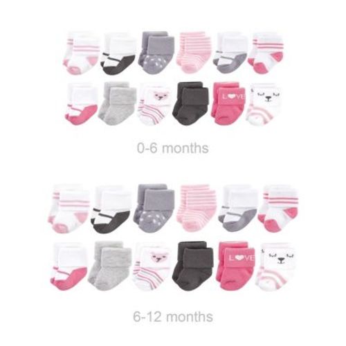 Hudson Baby Infant Girl Grow with Me Cotton Terry Socks, Bear Girl, 0-6 and 6-12 Months