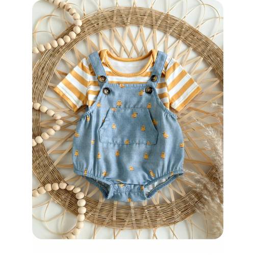 SHEIN Newborn Baby Girls Summer Cute Striped Short Sleeve Top With Cartoon Duck Print Overalls Shorts Set