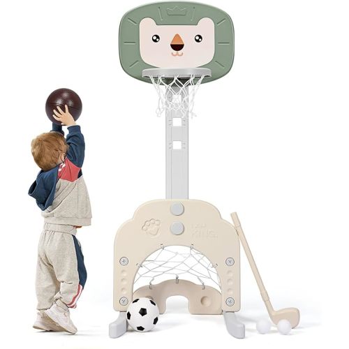 AKUSTIK 3 in 1 Toddlers Basketball Hoop Stand, Adjustable Height Sports Center with Basketball Soccer Golf Game Set, Portable Indoor Outdoor Activity Playset Gift for Kids 1-3