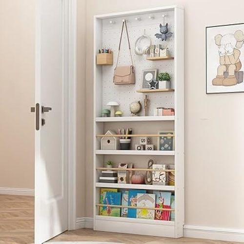 70.1" Tall Behind The Door Bookshelf,Wooden Behind The Door Book Organizer,Large Capacity Ultra Slim (3.94"), Modern Bookshelf with Perforated Board for Toys, Books, Cds, Magazines