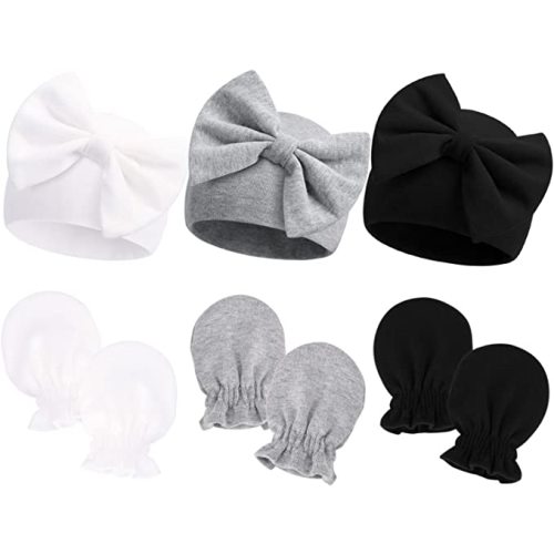 Newborn Beanie Hat Gloves Set, Baby Girl Beanie Spring Summer Autumn Winter Hats for Newborn Infant Cotton - 0-6 Months - 3black White Gray (9pcs)