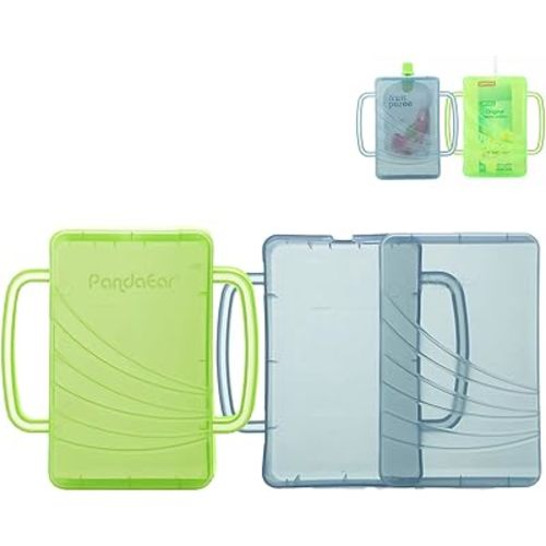 PandaEar 2 Pack Squeeze Proof Food Pouch Holder for Toddlers | Spill-Proof Baby Pouch & Juice Box Holder with Handles | Slide to Open Design (Green/Blue)