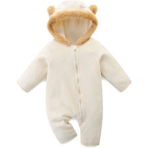Baby Jumpsuit with Cute Bear Hoodie Warm Fleece Lined Newborn Snowsuit Rompers for Fall Winter 0-18 Month