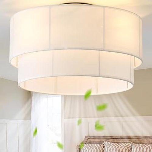 Ceiling Fan with Lights Low Profile, 20" Flush Mount Boho Ceiling Fan with Light Remote Control, Bladeless Rattan 6 Speeds for Bedroom, Living Room, Nursery