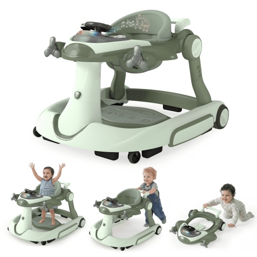LINLUX 5 in 1 Foldable Baby Walker 3 Heights, Toddler Activity Walker w/Music & Lights, Green