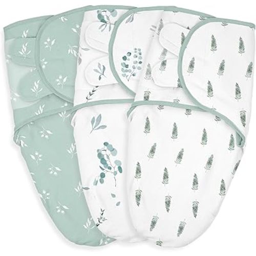 Baby Swaddle Sacks, 3-Pack Newborn Organic Cotton Swaddle Wrap, Adjustable Swaddling Blankets, Nursery Swaddling Essentials for Newborn 0-3 Months, Infant Shower Items Gift (Leaves & Trees)