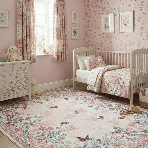 Floral 5x7 Area Rug Machine Washable Soft Print Boho Carpet Non Slip Rugs Low Pile Flower Area Rugs for Living Room Bedroom Nursery Kitchen Dining Room Indoor-Pink Pastel