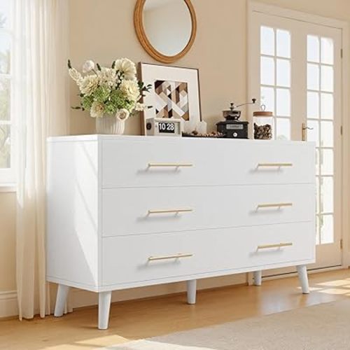 Ahomly 6 Drawer Dresser for Bedroom, 47.5" Wide Chest of Drawers with Metal Handles and Anti-Tip Kit, Large Capacity Storage Dresser for Living Room, Entryway, or Nursery, White