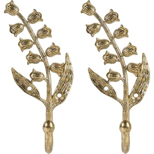 2PCS Golden Bellflower Hooks, Spring Blossom Robe Holders, Floral Bathroom Accessories with Curved Stem