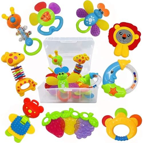 Baby Toys 0-6 Months Infant Toys 0-3 Months Infant Rattles Baby Rattle Teether Toy Set with Storage Box Musical rattles for Newborn Boy Girl Gifts Set with Baby's First Rattle Teether (11pcs)