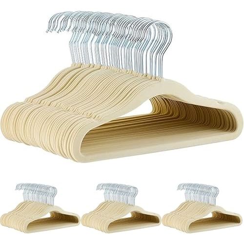 Amazon Basics Kids Space Saving Velvet Non-Slip Clothes Hangers with Shoulder Notches for Infant and Toddler, 11.6", Beige, 50-Pack