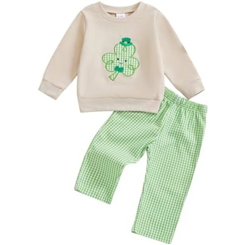 St Patricks Day Baby Girl Boy Outfit Green Shamrock Long Sleeve Shirt Top Plaid Pants Set Saint Patrick's Clothes